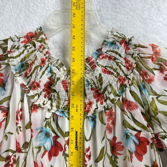 CeCe Women XL White Floral Off Shoulder Smocked Ruffle Sleeve Chiffon Top Beachy - Picture 13 of 16